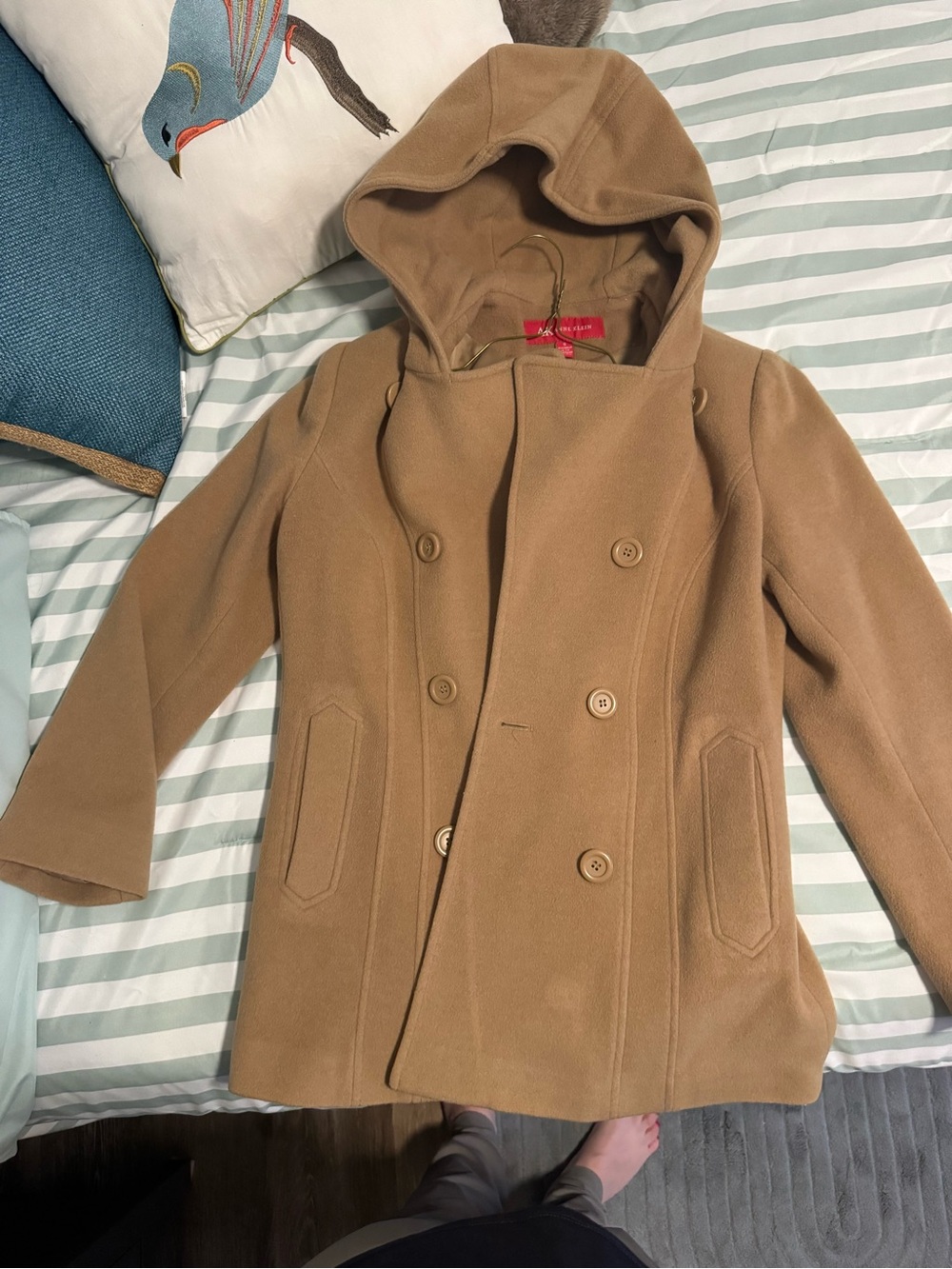 Anne Klein Camel Hooded Double-Breasted Wool Pea Coat